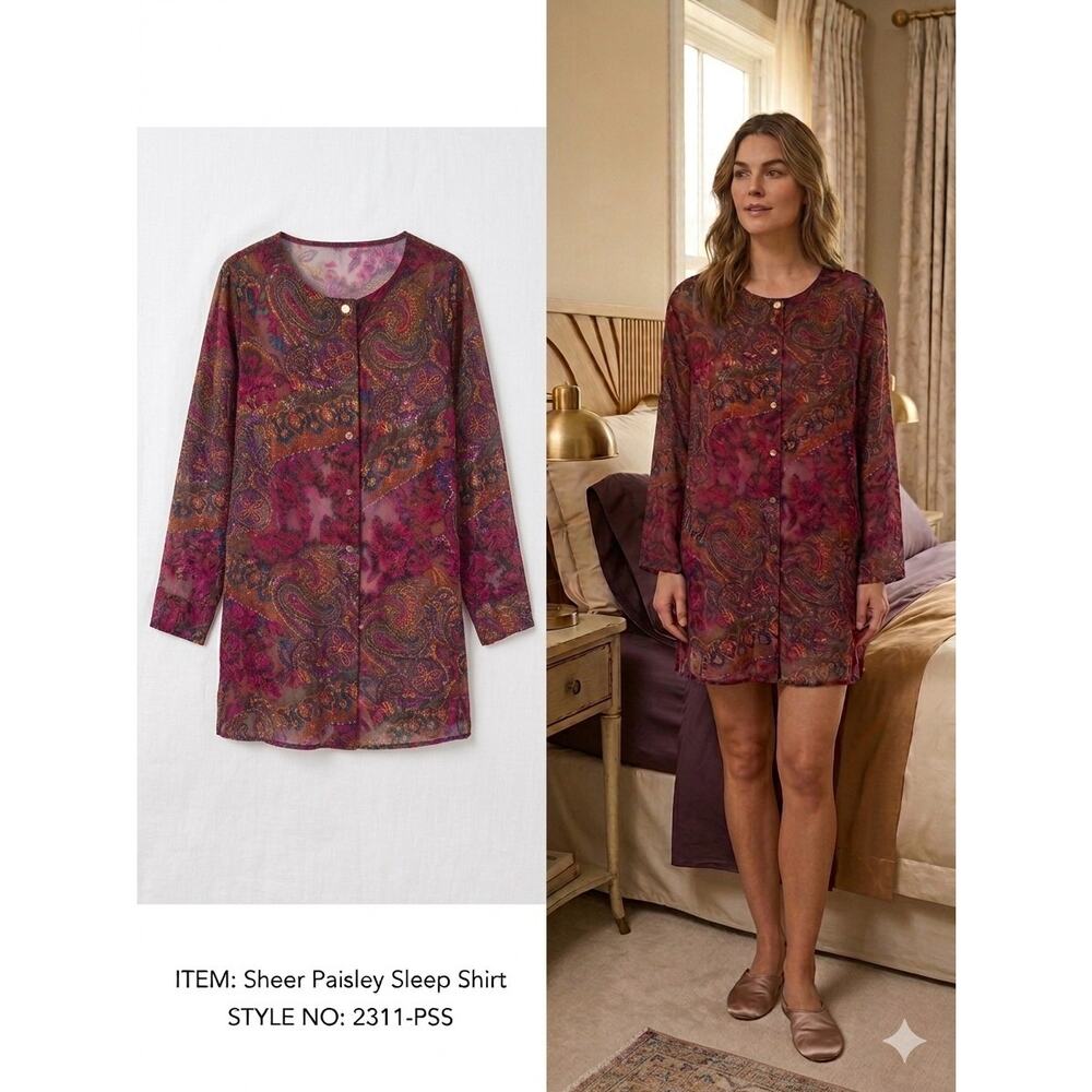 Vintage Victoria's Secret Gold Label Sheer Paisley Button Down Sleep Shirt Small